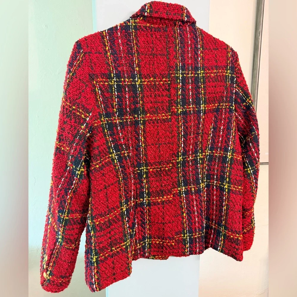 Red Plaid Tweed Double-Breasted Women's Blazer Jacket Sz Large large - Picture 4 of 5